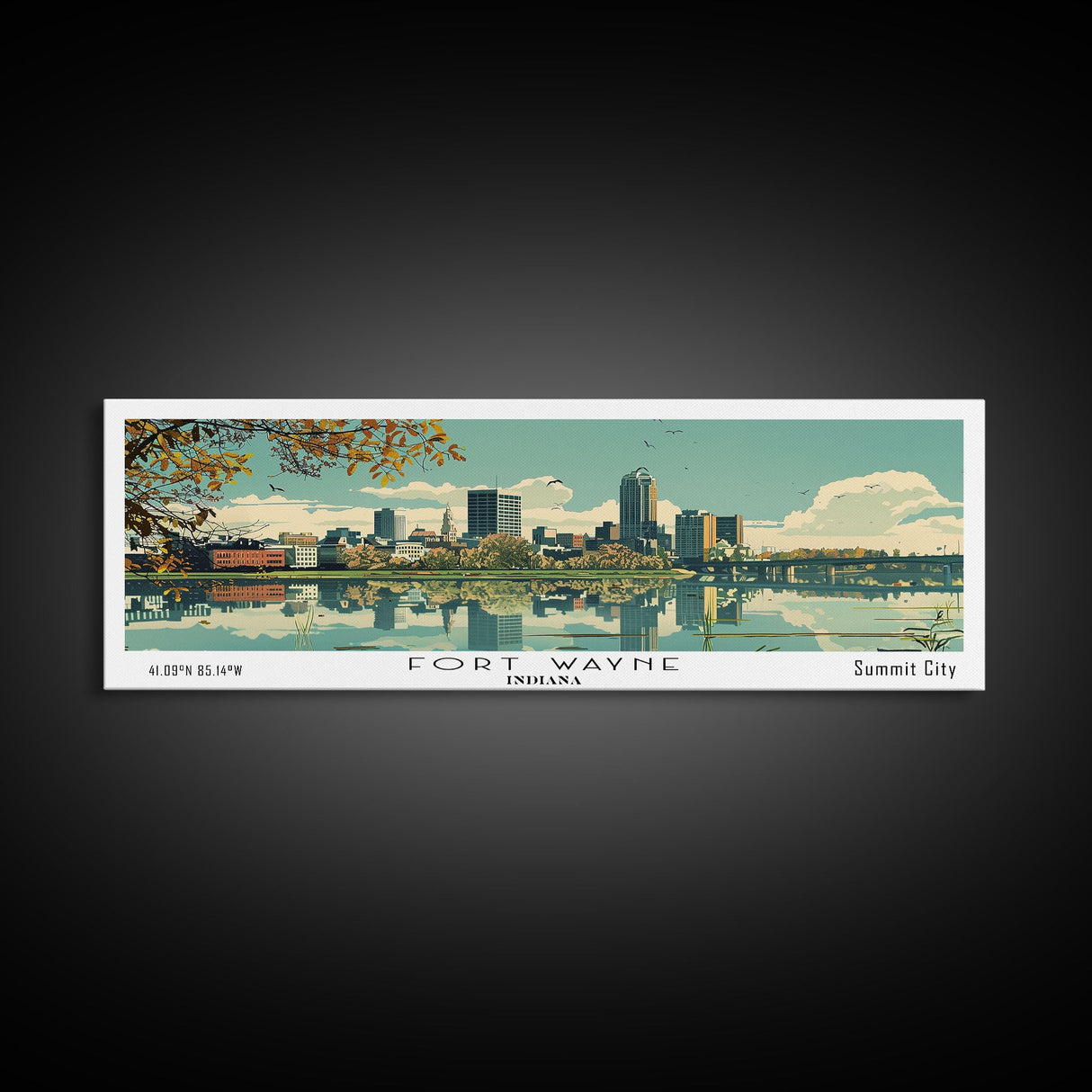 Fort Wayne Indiana Panoramic Art, Mid Century Modern Framed Canvas Print, Retro Pop Art Travel Poster, Home Wall Decor