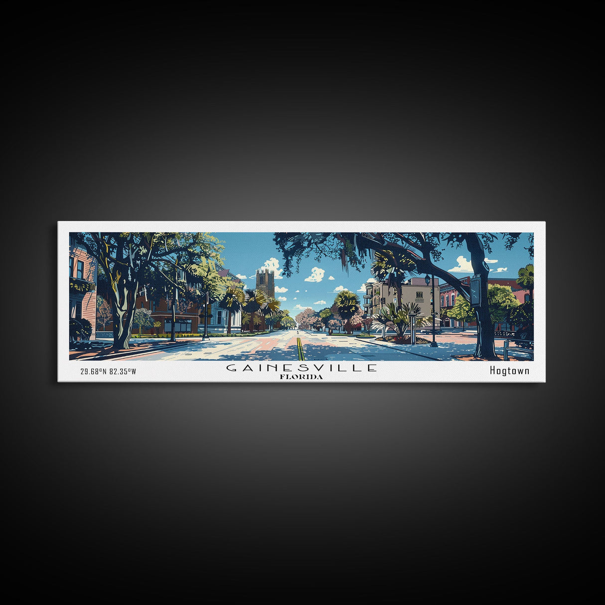 Gainesville Florida Panoramic Painting, Mid Century Modern Framed Canvas Print, Retro Pop Art Travel Poster, Home Wall Decor