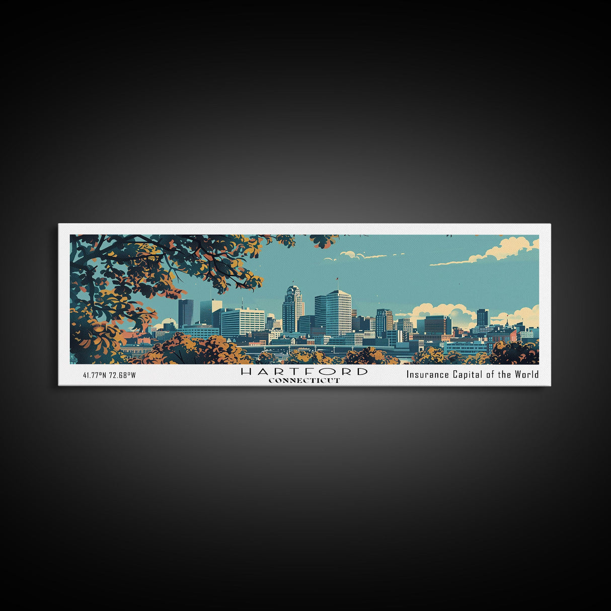 Hartford Connecticut Panoramic Painting, Mid Century Modern Framed Canvas Print, Retro Pop Art Travel Poster, Home Wall Decor