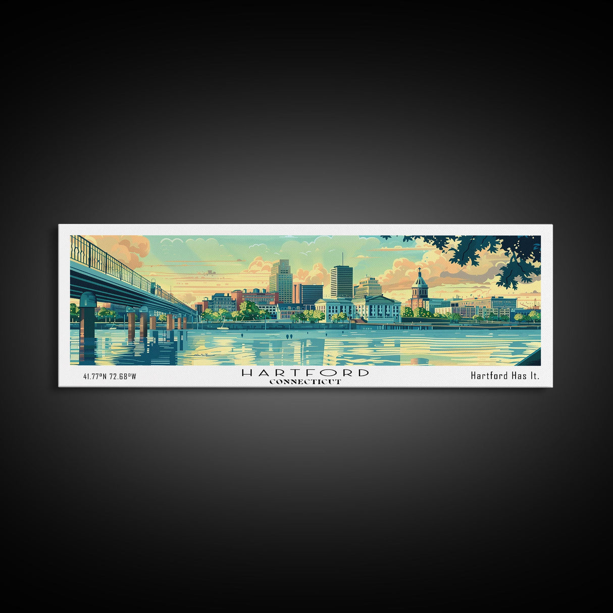 Hartford Connecticut Panoramic Painting, Mid Century Modern Framed Canvas Print, Retro Pop Art Travel Poster, Home Wall Decor