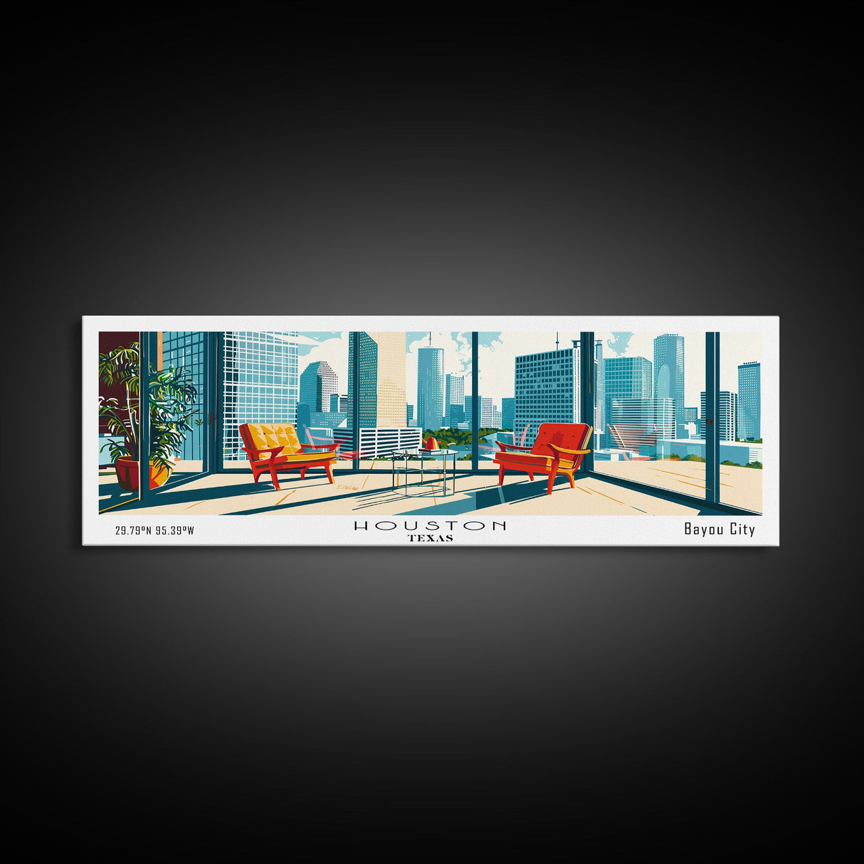 Houston Texas Panoramic Painting, Mid Century Modern Framed Canvas Print, Retro Pop Art Travel Poster, Office Wall Art