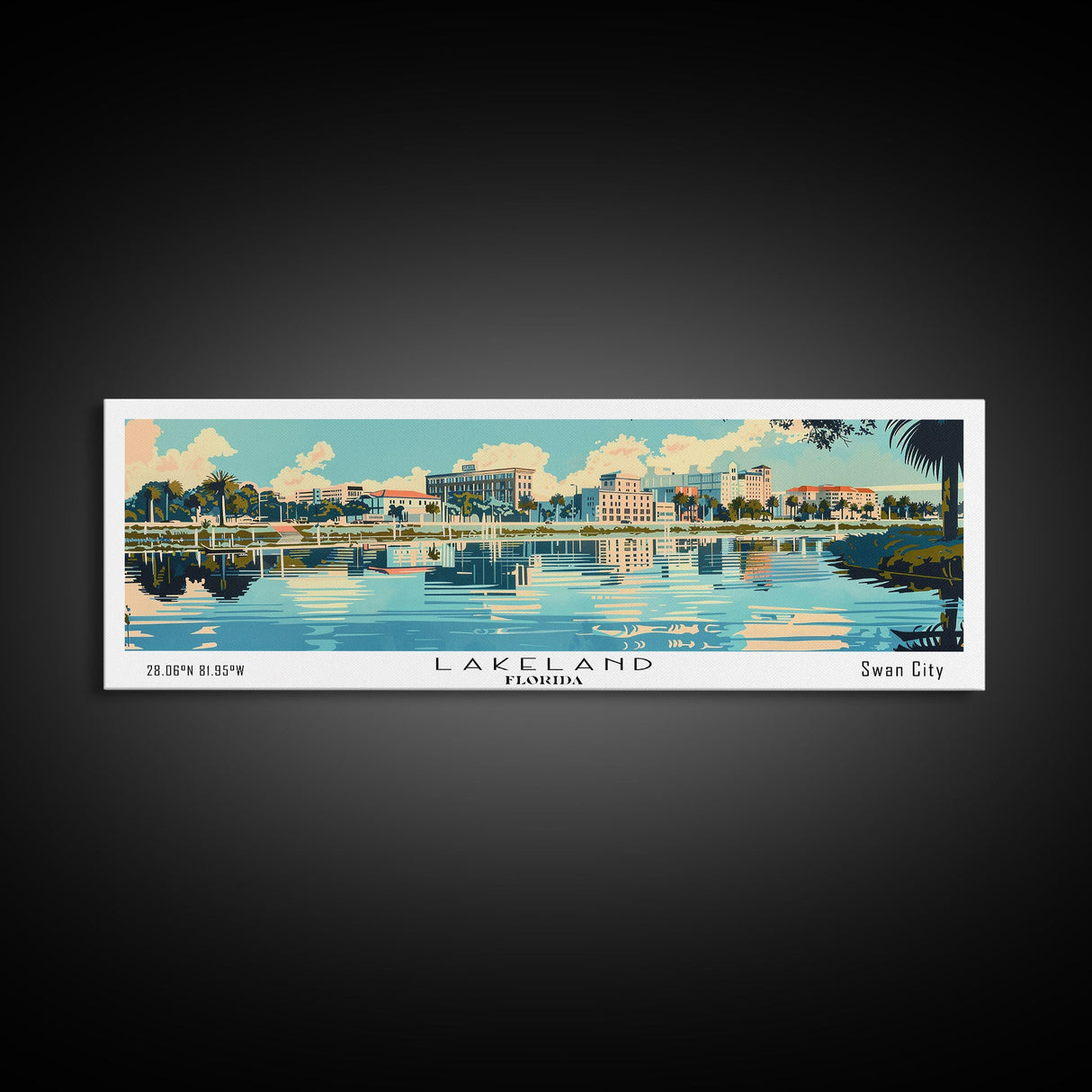 Lakeland Florida Panoramic Painting, Mid Century Modern Framed Canvas Print, Retro Pop Art Travel Poster, Home Wall Decor