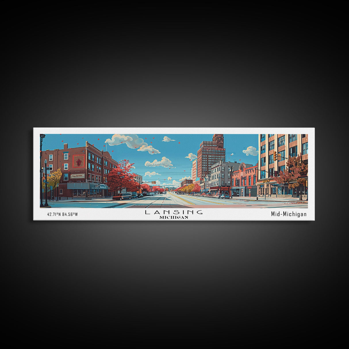 Lansing Michigan Panoramic Wall Art, Mid Century Modern Framed Canvas Print, Retro Pop Art Travel Poster, Living Room Decor