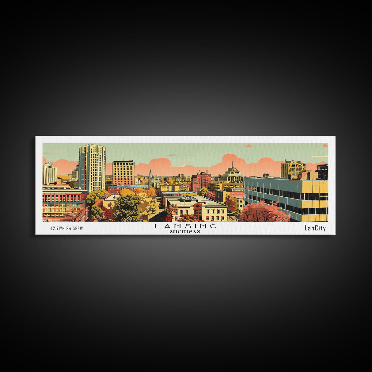 Lansing Michigan Panoramic Wall Art, Mid Century Modern Framed Canvas Print, Retro Pop Art Travel Poster, Living Room Decor