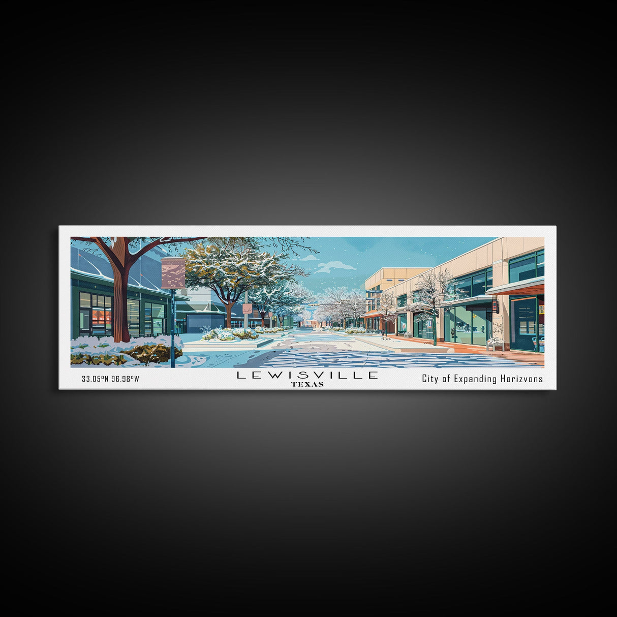 Lewisville Texas Panoramic Painting, Mid Century Modern Framed Canvas Print, Retro Pop Art Travel Poster, Living Room Decor