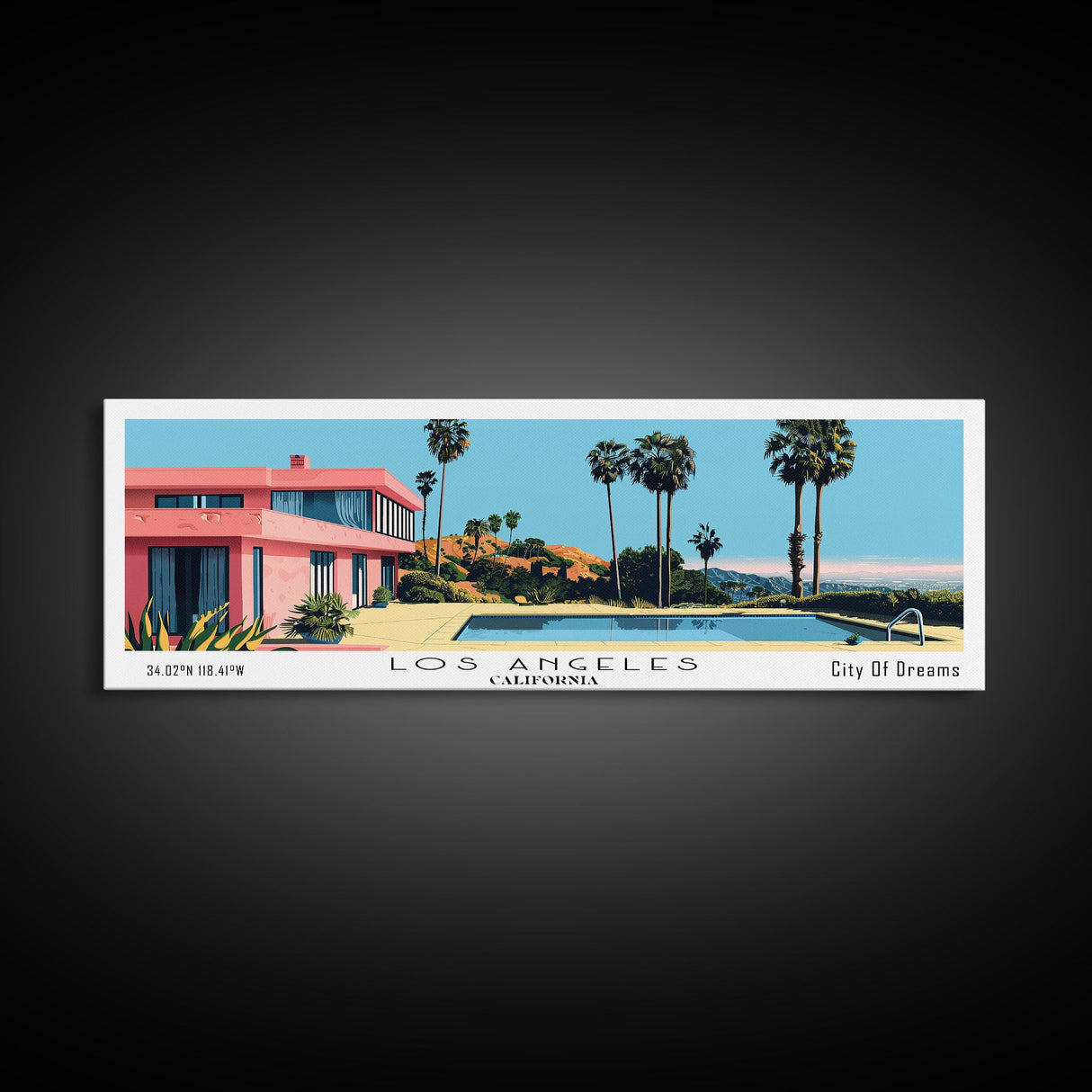 Los Angeles California Panoramic Wall Art, Mid Century Modern Framed Canvas Print, Retro Pop Art Travel Poster, Living Room Art