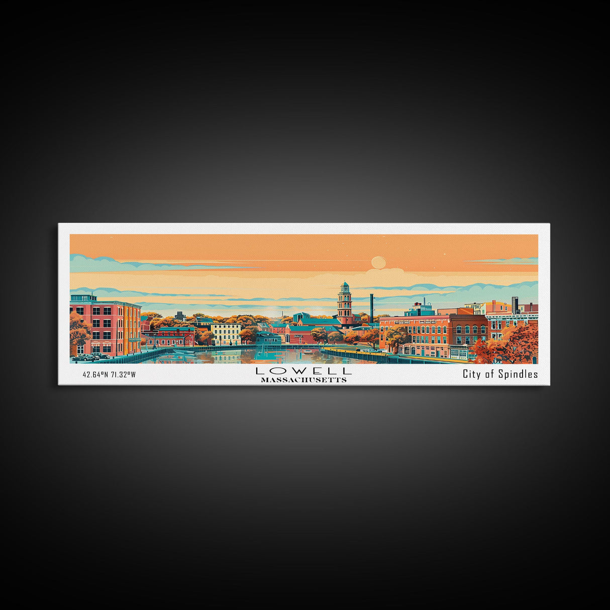 Lowell Mississippi Panoramic Painting, Mid Century Modern Framed Canvas Print, Retro Pop Art Travel Poster, Office Wall Art