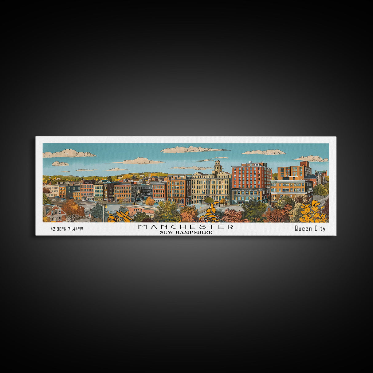 Manchester New Hampshire Panoramic Painting, Mid Century Modern Framed Canvas Print, Retro Pop Art Travel Poster, Living Room Decor