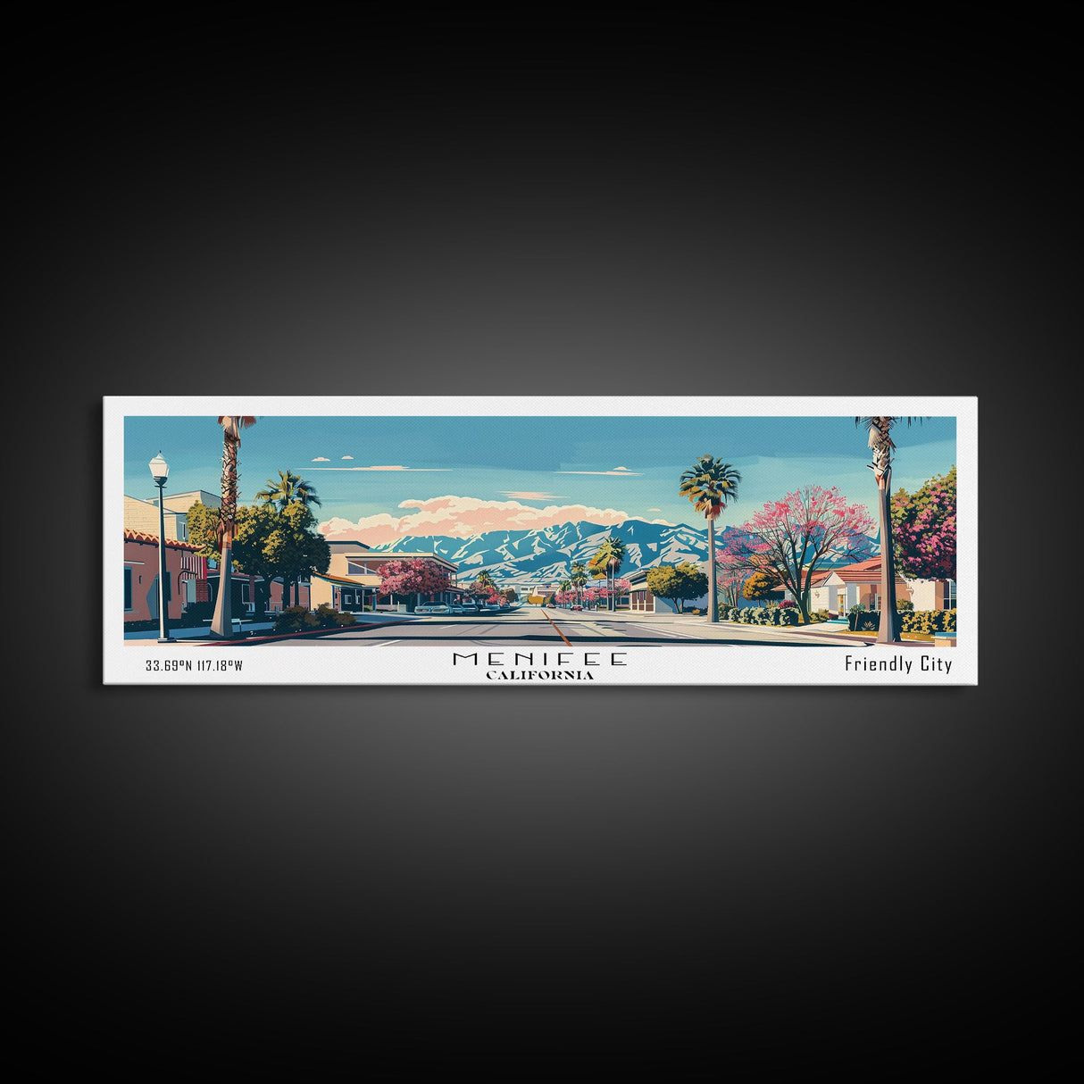 Menifee California Panoramic Wall Art, Mid Century Modern Framed Canvas Print, Retro Pop Art Travel Poster, Living Room Art