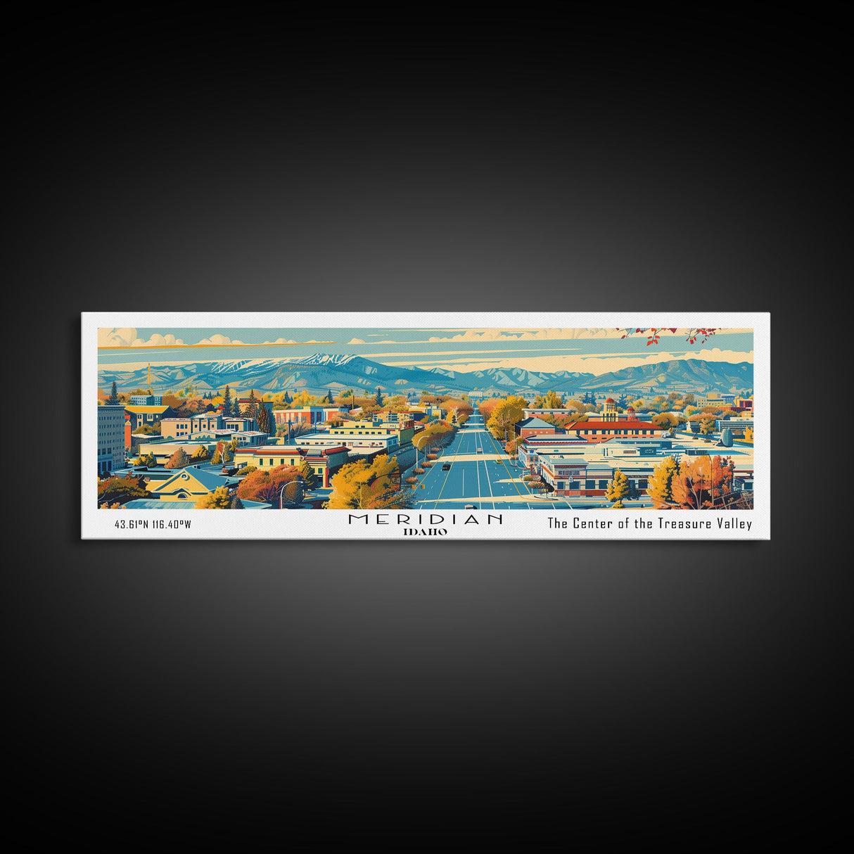 Meridian Idaho Panoramic Painting, Mid Century Modern Framed Canvas Print, Retro Pop Art Travel Poster, Home Decor