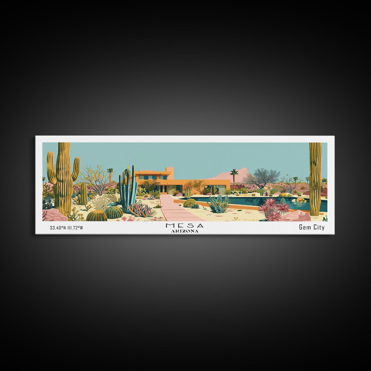 Mesa Arizona Panoramic Painting, Mid Century Modern Framed Canvas Print, Retro Pop Art Travel Poster, Office Wall Art