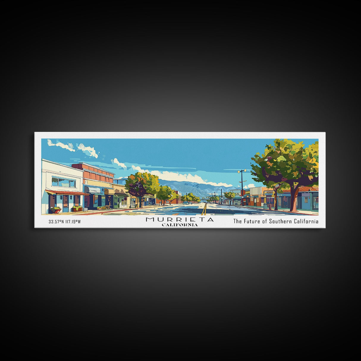 Murrieta California Panoramic Painting, Mid Century Modern Framed Canvas Print, Retro Pop Art Travel Poster, Living Room Decor