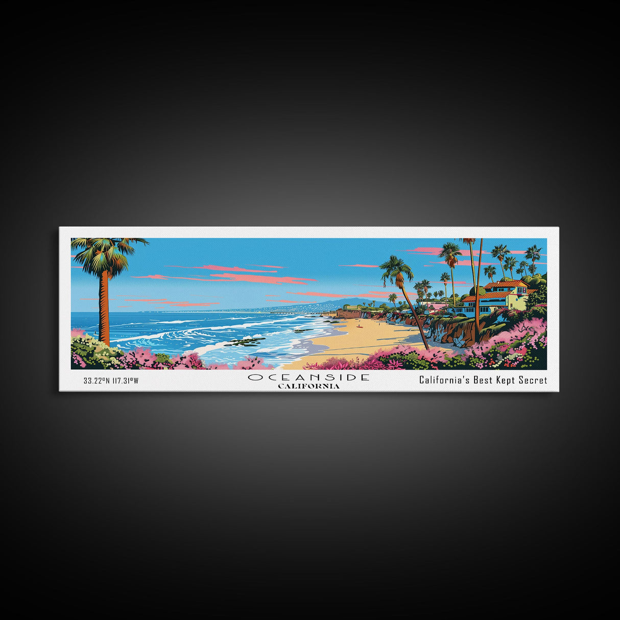 Oceanside California Panoramic Wall Art, Mid Century Modern Framed Canvas Print, Retro Pop Art Travel Poster, City Art, Office Wall Decor, Living Room Art