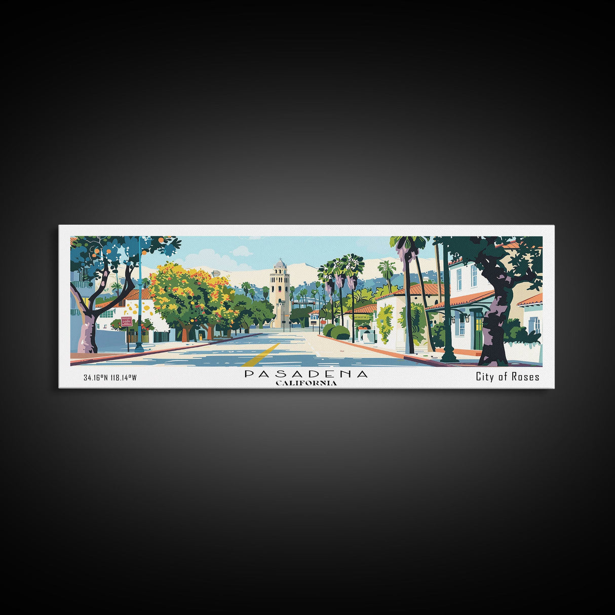 Pasadena California Panoramic Painting, Mid Century Modern Framed Canvas Print, Retro Pop Art Travel Poster, City Art, Office Wall Decor, Living Room Art