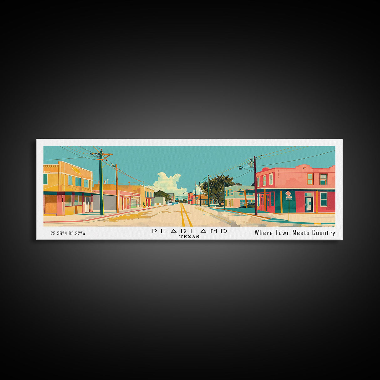 Pearland Texas Panoramic Painting, Mid Century Modern Framed Canvas Print, Retro Pop Art Travel Poster, City Art, Office Wall Decor, Living Room Art