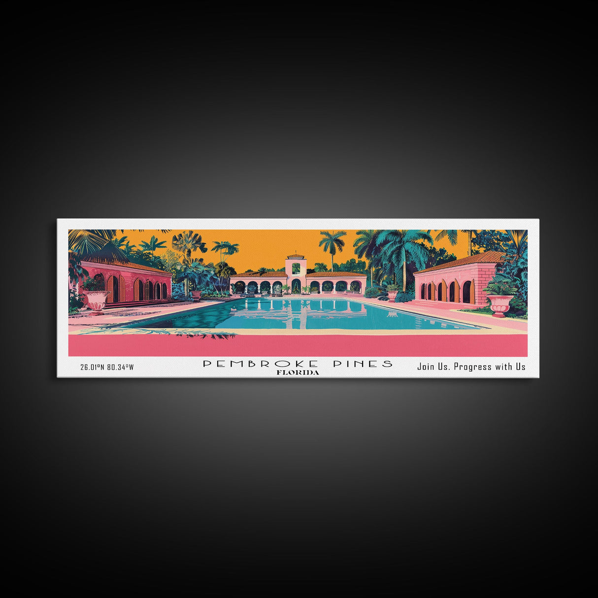 Pembroke Pines Florida Panoramic Wall Art, Mid Century Modern Framed Canvas Print, Retro Pop Art Travel Poster, City Art, Office Wall Decor, Living Room Art