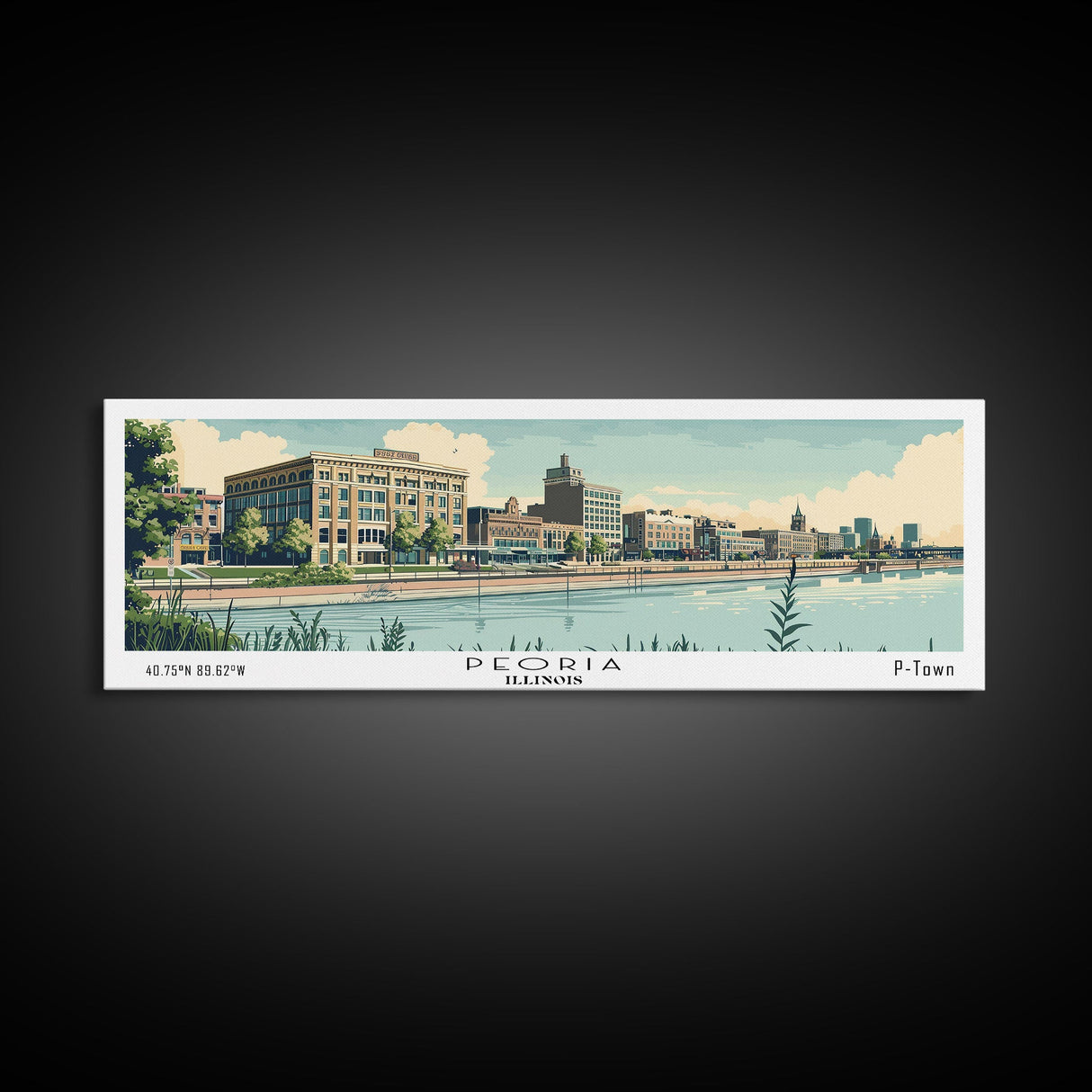 Peoria Illinois Panoramic Painting, Mid Century Modern Framed Canvas Print, Retro Pop Art Travel Poster, City Art, Office Wall Decor, Living Room Art