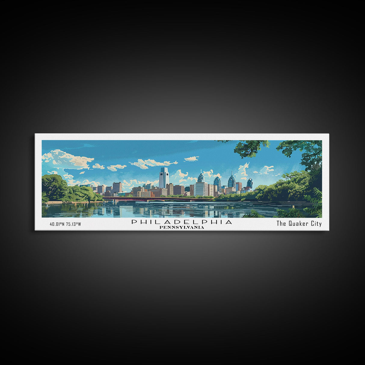 Philadelphia Pennsylvania Panoramic Painting, Mid Century Modern Framed Canvas Print, Retro Pop Art Travel Poster, City Art, Office Wall Decor, Living Room Art