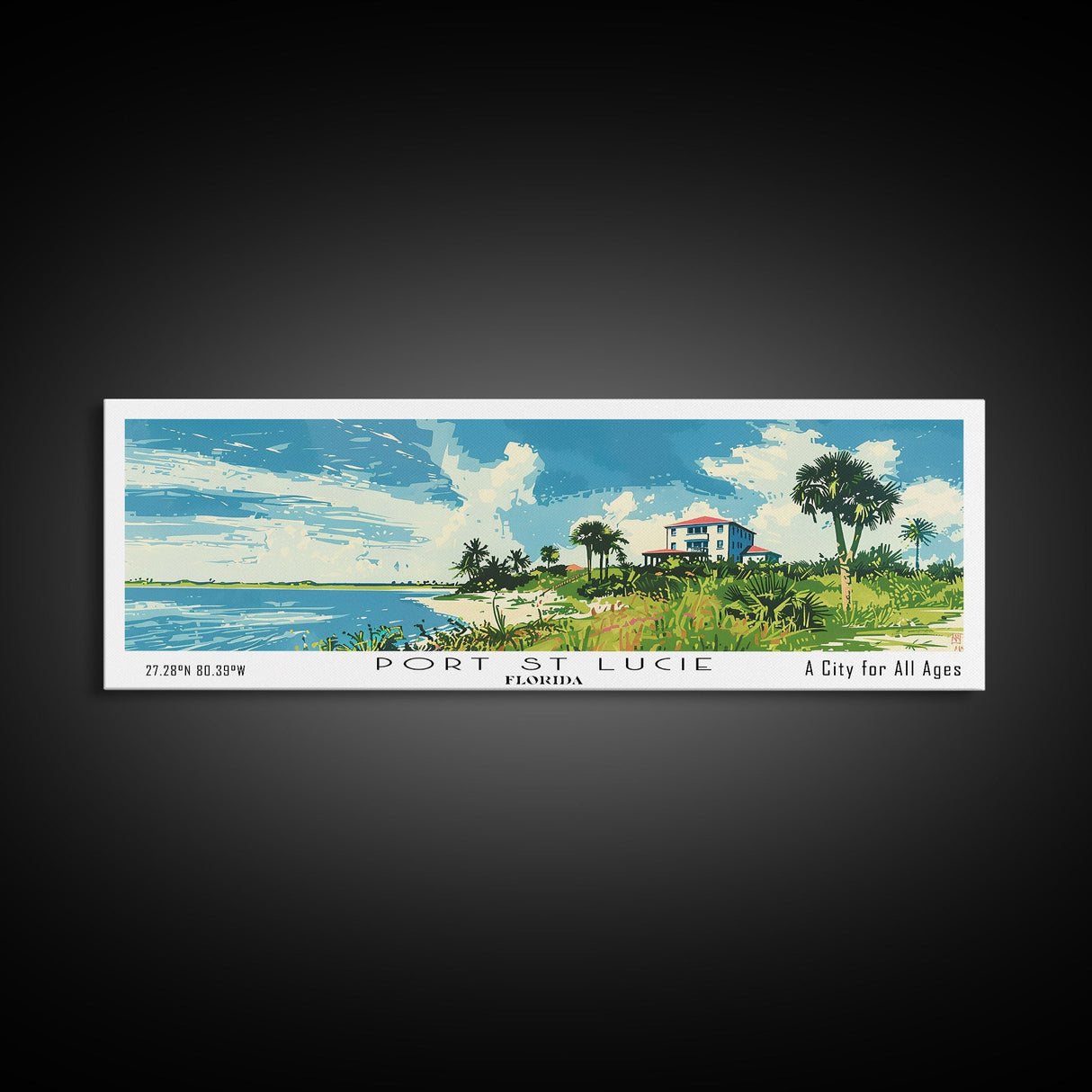 Port St. Lucie Florida Panoramic Painting, Mid Century Modern Framed Canvas Print, Retro Pop Art Travel Poster, City Art, Office Wall Decor, Living Room Art