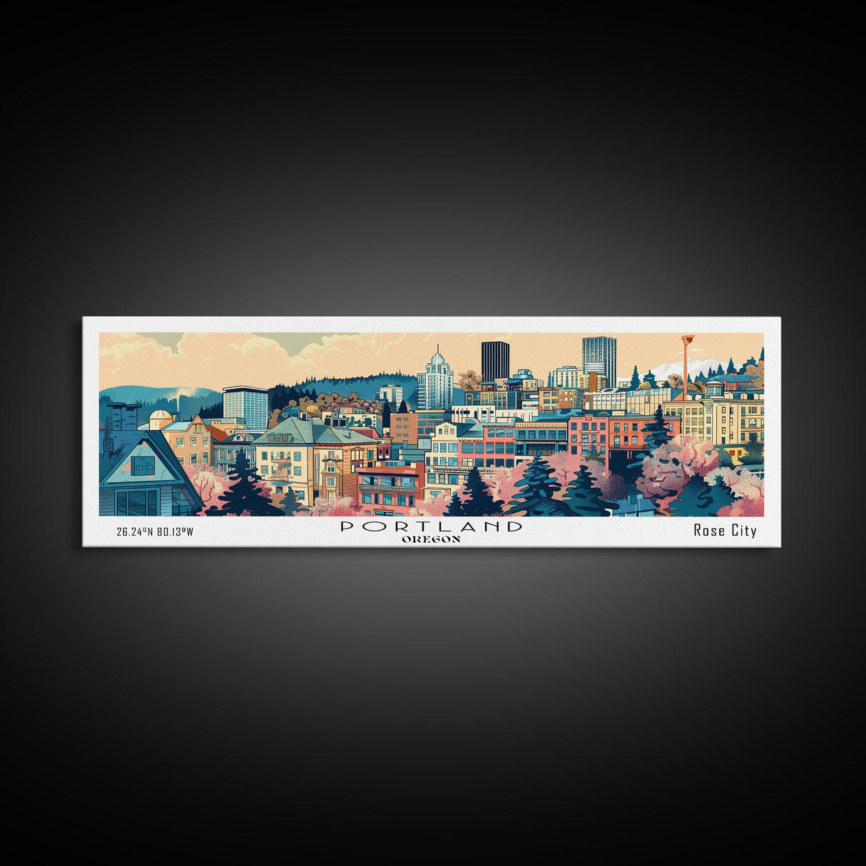 Portland Oregon Panoramic Wall Art, Mid Century Modern Framed Canvas Print, Retro Pop Art Travel Poster, City Art, Office Wall Decor, Living Room Art