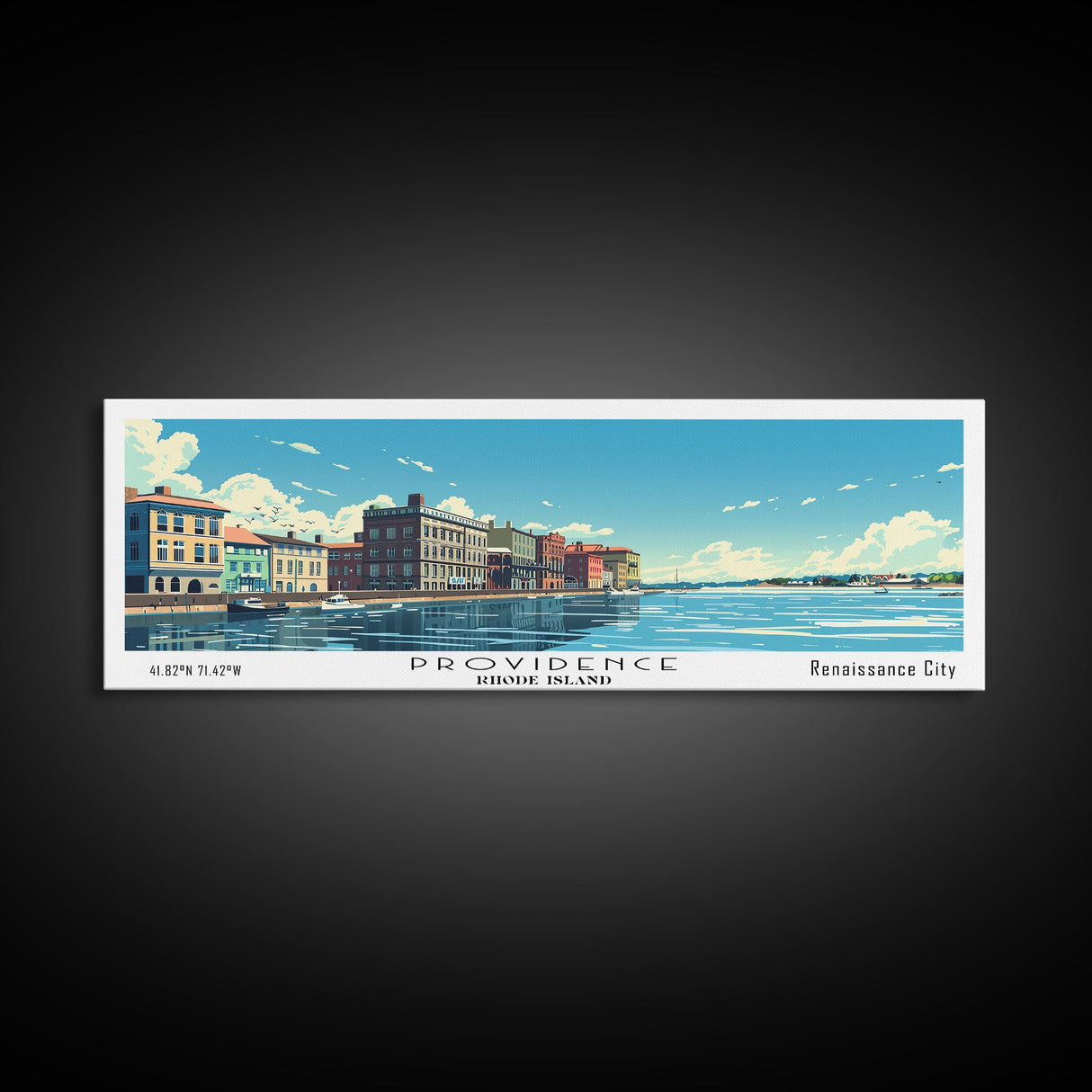 Providence Rhode Island Panoramic Wall Art, Mid Century Modern Framed Canvas Print, Retro Pop Art Travel Poster, City Art, Office Wall Decor, Living Room Art