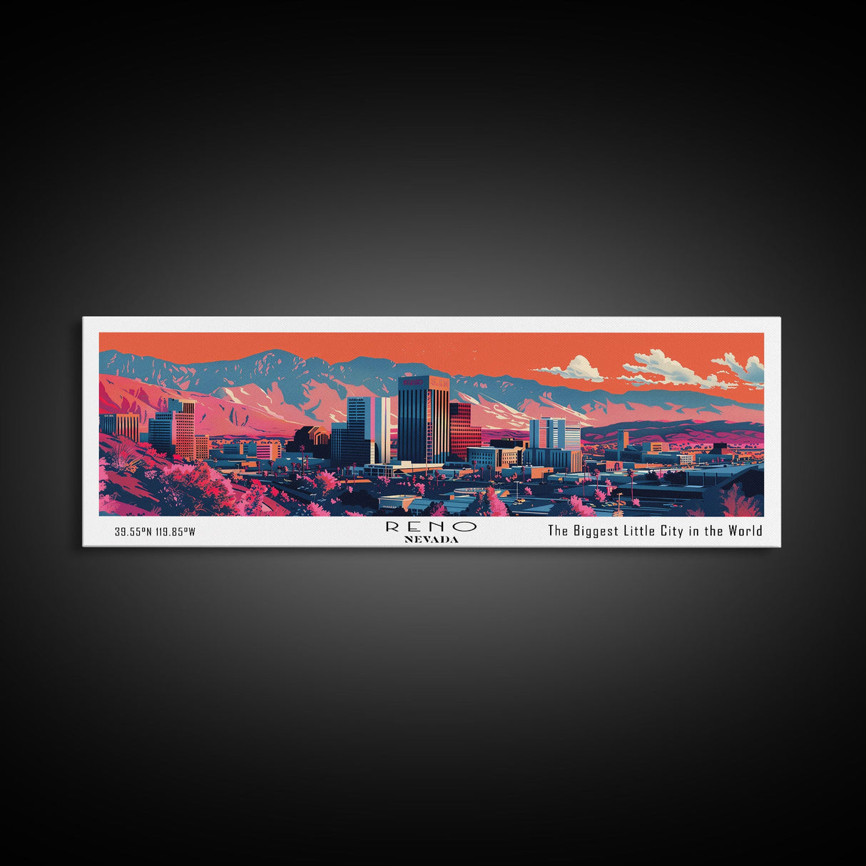 Reno Nevada Panoramic Painting, Mid Century Modern Framed Canvas Print, Retro Pop Art Travel Poster, City Art, Office Wall Decor, Living Room Art