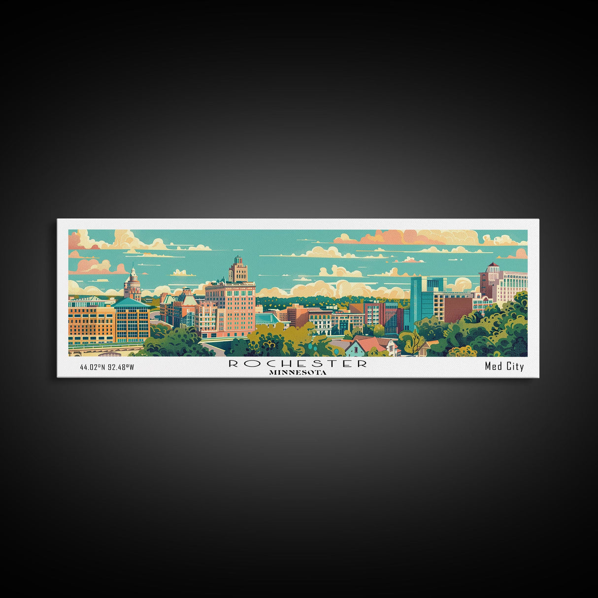 Rochester Minnesota Panoramic Wall Art, Mid Century Modern Framed Canvas Print, Retro Pop Art Travel Poster, City Art, Office Wall Decor, Living Room Art