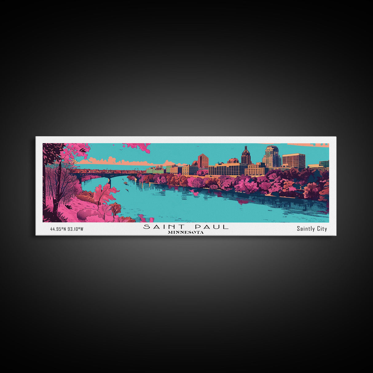 Saint Paul Minnesota Panoramic Painting, Mid Century Modern Framed Canvas Print, Retro Pop Art Travel Poster, City Art, Office Wall Decor, Living Room Art