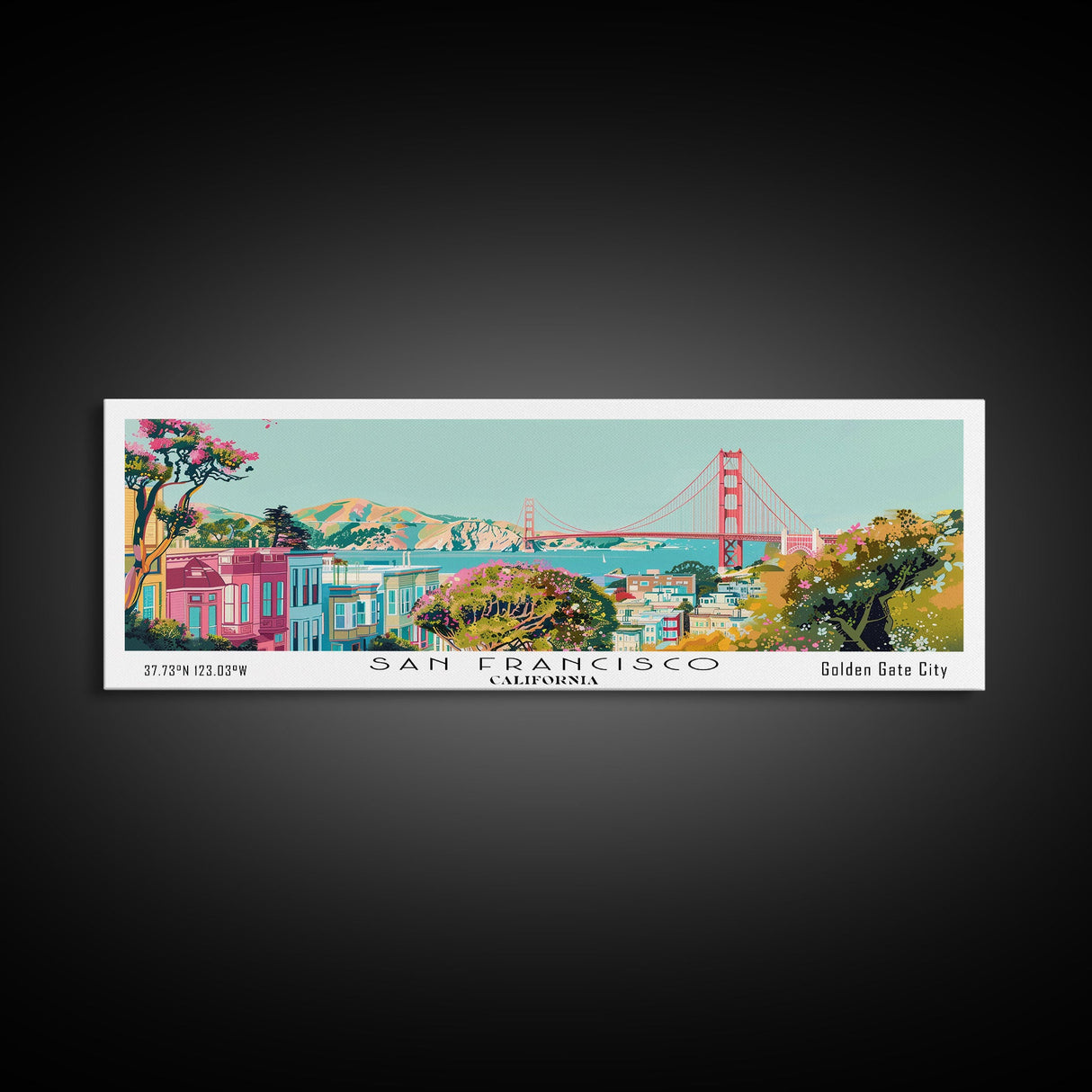 San Francisco California Panoramic Wall Art, Mid Century Modern Framed Canvas Print, Retro Pop Art Travel Poster, City Art, Office Wall Decor, Living Room Art