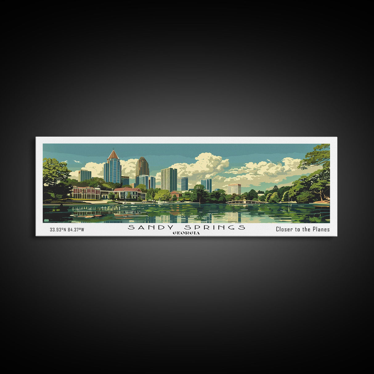 Sandy Springs Georgia Panoramic Painting, Mid Century Modern Framed Canvas Print, Retro Pop Art Travel Poster, City Art, Office Wall Decor, Living Room Art