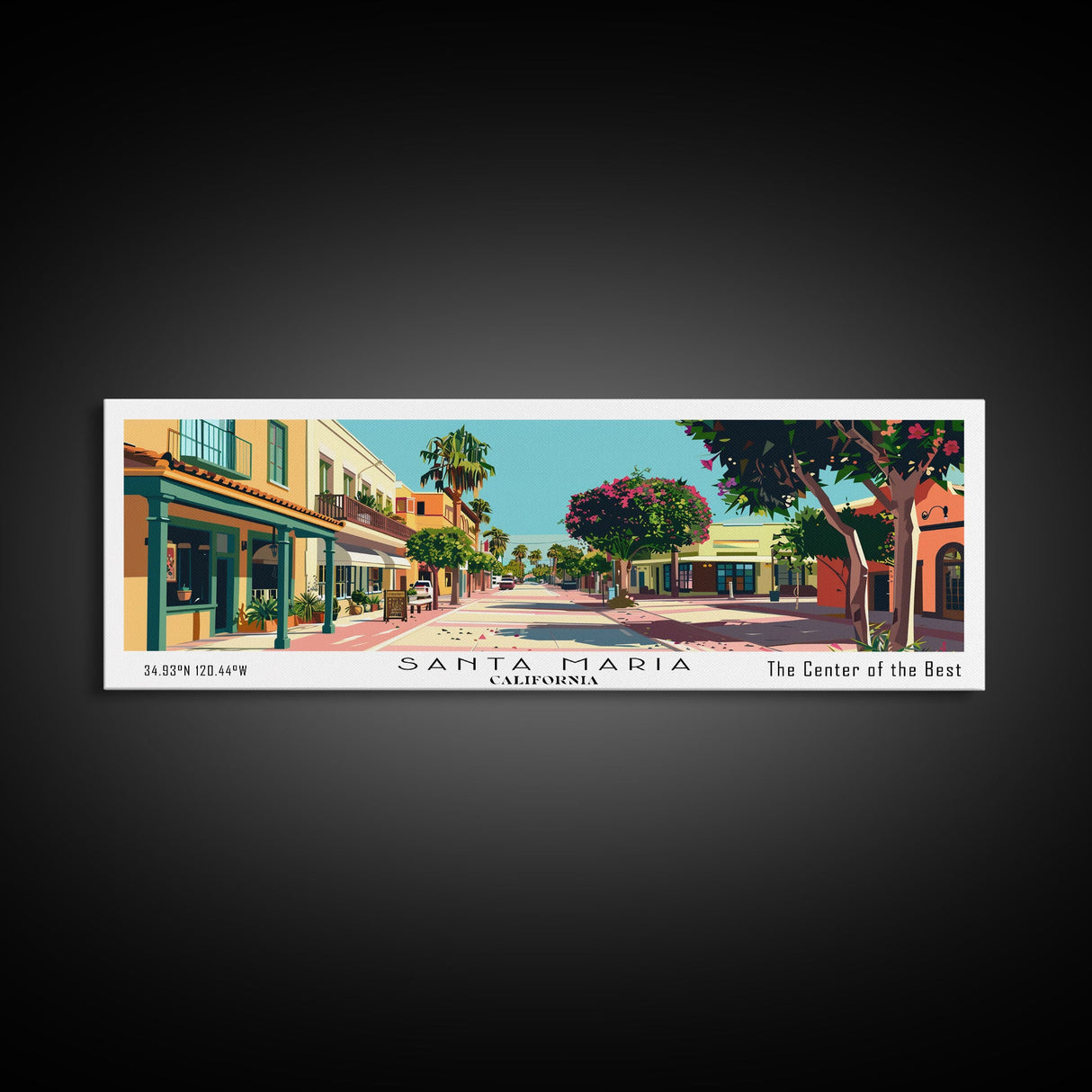 Santa Maria California Panoramic Painting, Mid Century Modern Framed Canvas Print, Retro Pop Art Travel Poster, Home and Office Wall Art Decor