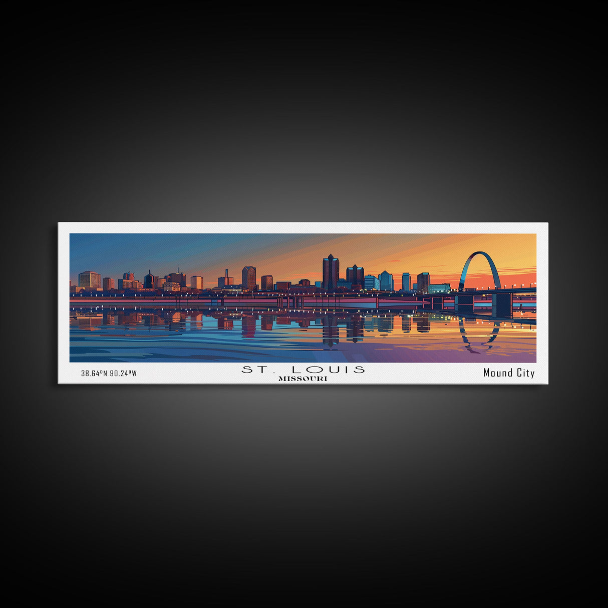 St. Louis Missouri Panoramic Painting, Mid Century Modern Framed Canvas Print, Retro Pop Art Travel Poster, Home and Office Wall Art Decor