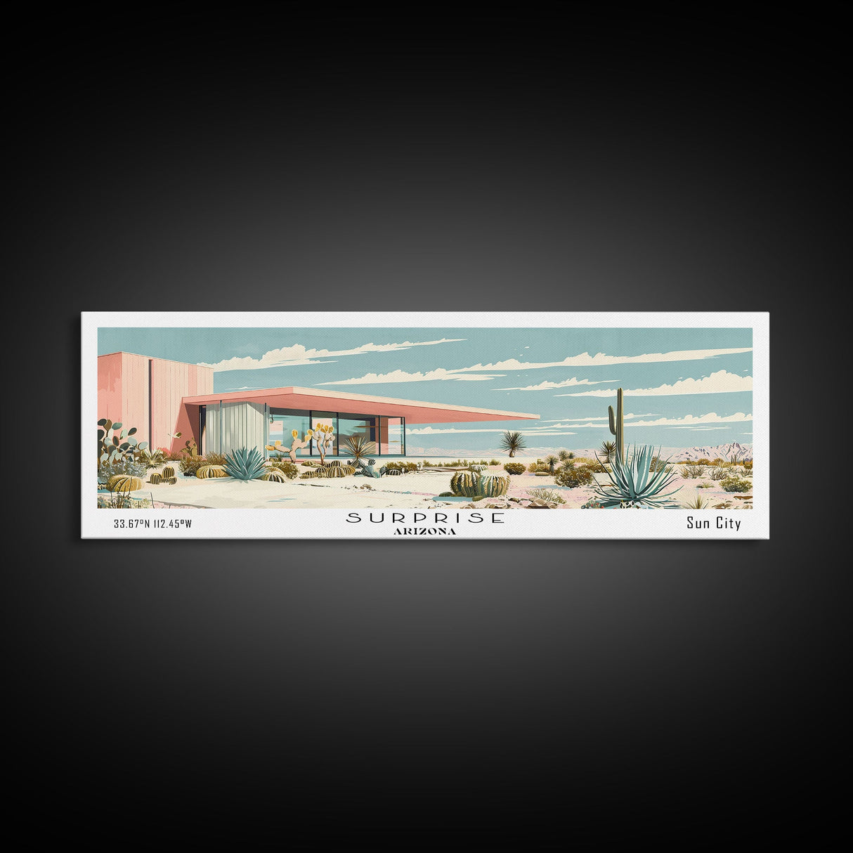 Surprise Arizona Panoramic Wall Art, Mid Century Modern Framed Canvas Print, Retro Pop Art Travel Poster, Office Wall Decor and Gift Idea