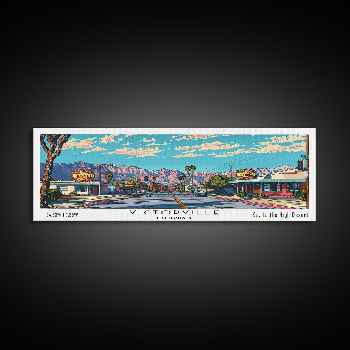 Victorville California Panoramic Wall Art, Mid Century Modern Framed Canvas Print, Retro Pop Art Travel Poster, City Art, Home Decoration