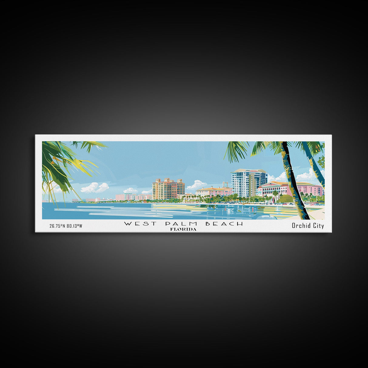 West Palm Beach Florida Panoramic Art, Mid Century Modern Framed Canvas Print, Retro Pop Art Travel Poster, City Print, Living Room Wall Decor