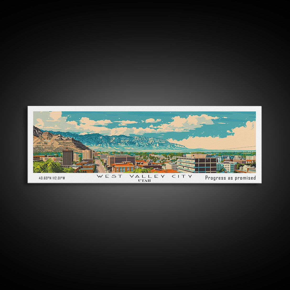 West Valley City Utah Panoramic Painting, Mid Century Modern Framed Canvas Print, Retro Pop Art Travel Poster, Office Wall Art, Home Decoration