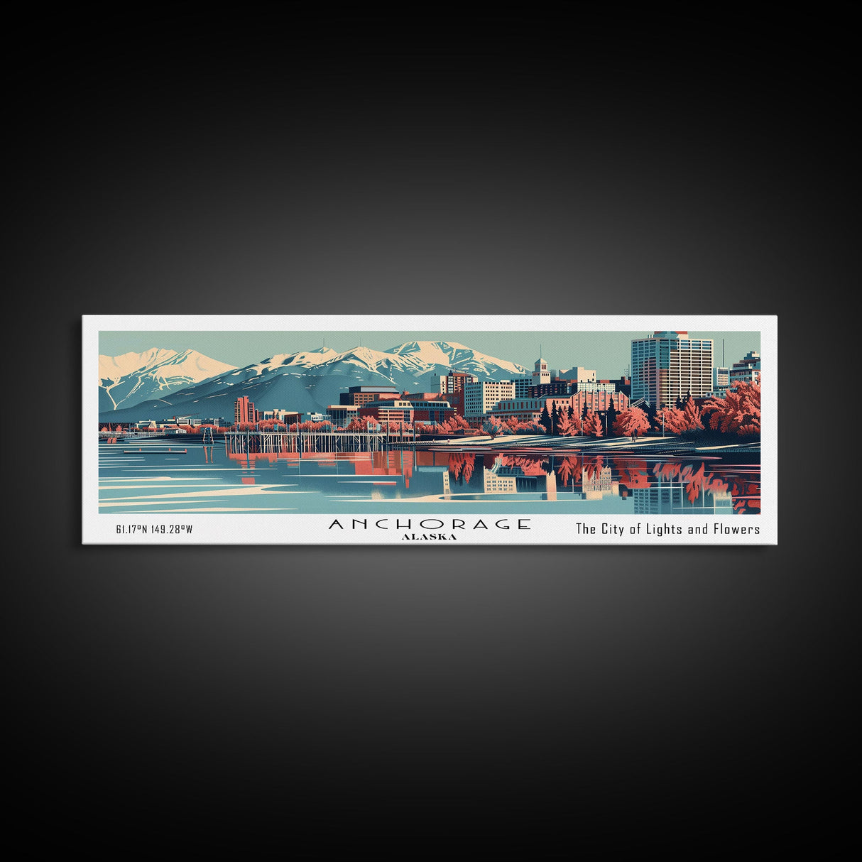 Anchorage Alabama Panoramic Painting, Framed Canvas Print, Mid Century Modern Wall Art, Retro Pop Art Travel Poster, Living Room Decor, City Art