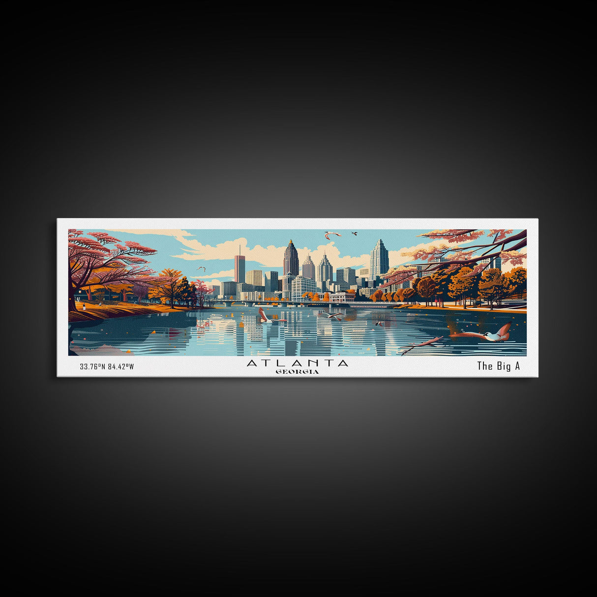 Atlanta Georgia Panoramic Painting, Framed Canvas Print, Mid Century Modern Wall Art, Retro Pop Art Travel Poster, Home Decor, City Art