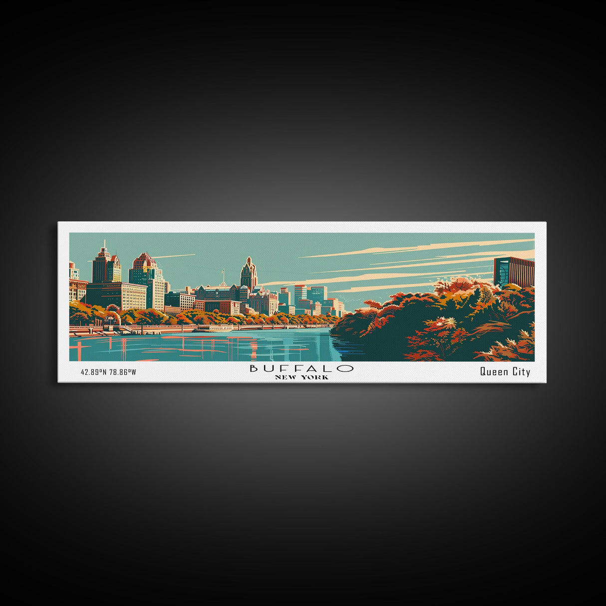 Buffalo New York Panoramic Painting, Framed Canvas Print, Mid Century Modern Wall Art, Retro Pop Art Travel Poster, Office Decor, City Art