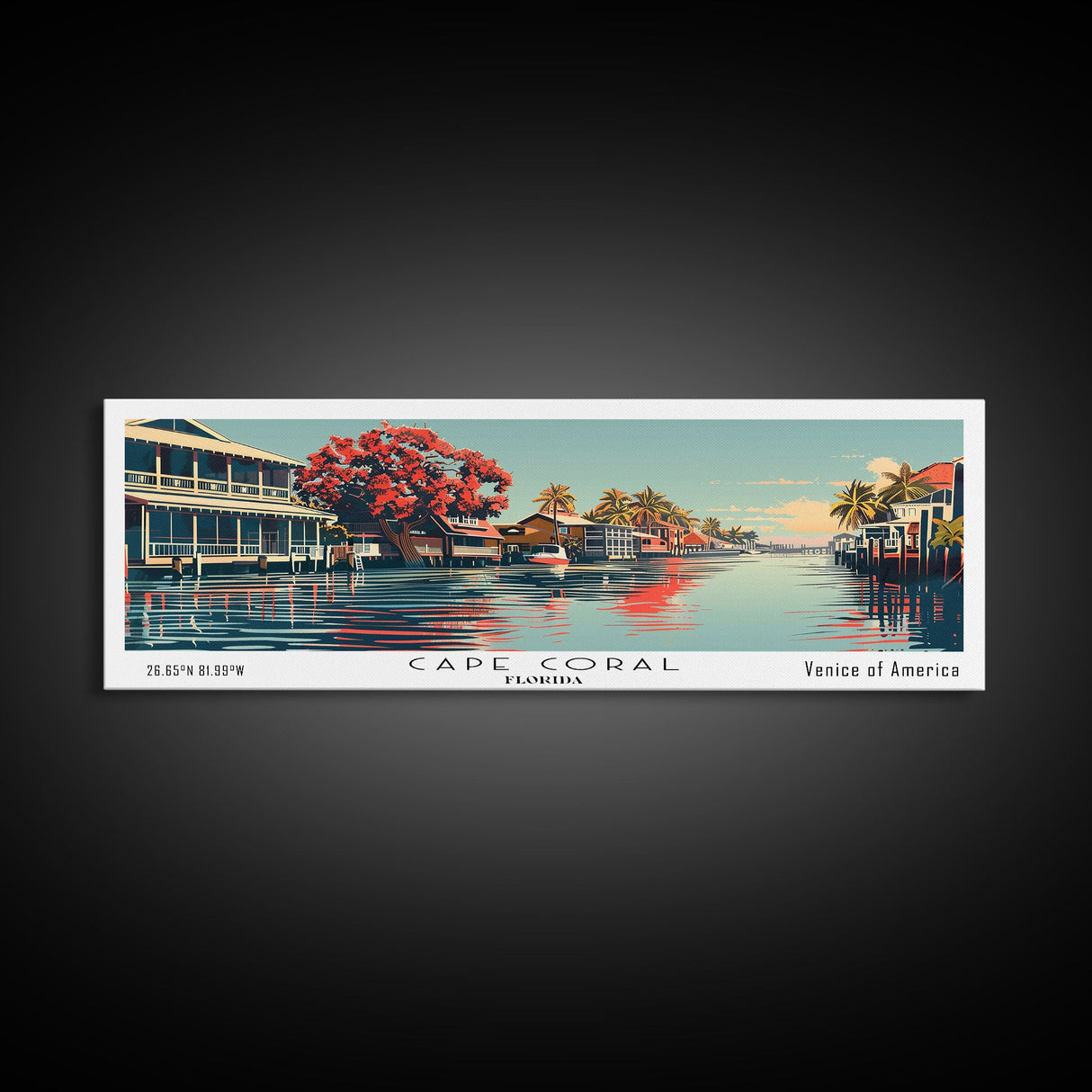 Cape Coral Florida Panoramic Painting, Framed Canvas Print, Mid Century Modern Wall Art, Retro Pop Art Travel Poster, Home Decor, City Art