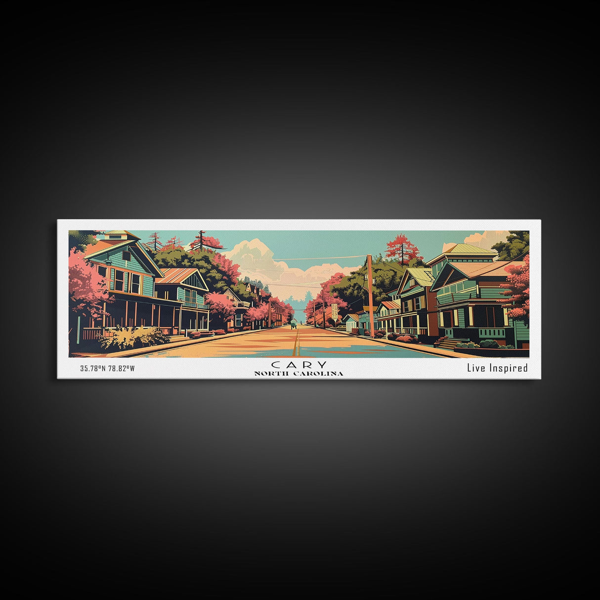 Cary North Carolina Panoramic Painting, Framed Canvas Print, Mid Century Modern Wall Art, Retro Pop Art Travel Poster, Living Room Decor, City Art