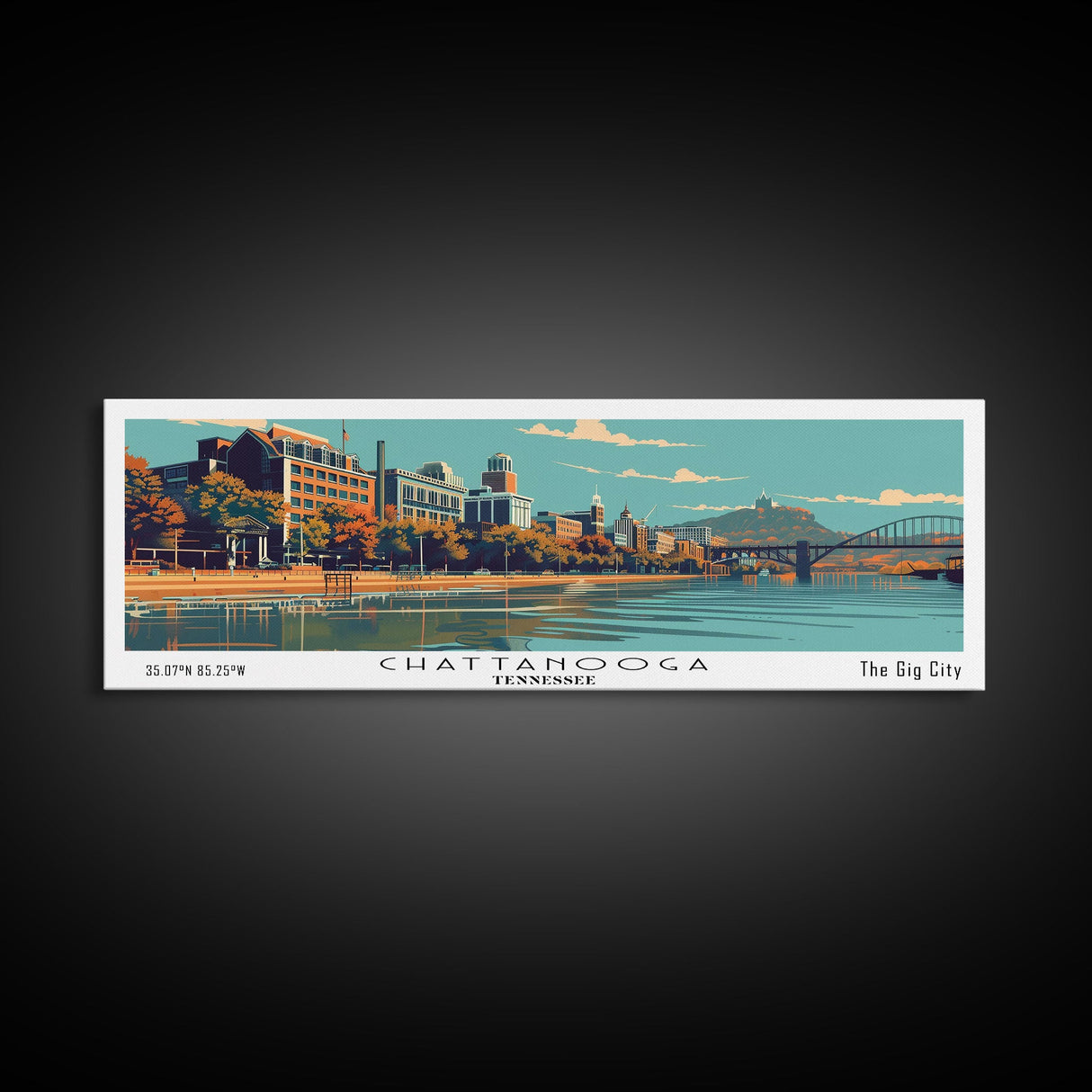 Chattanooga Tennessee Panoramic Painting, Framed Canvas Print, Mid Century Modern Wall Art, Retro Pop Art Travel Poster, Home Decor, City Art