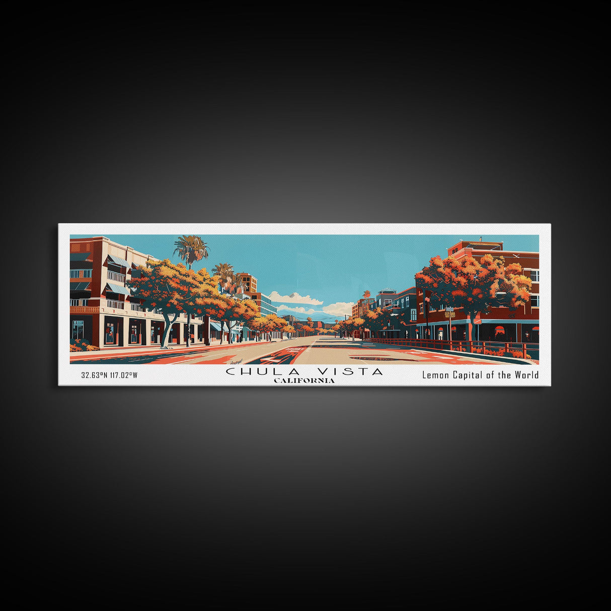 Chula Vista California Panoramic Painting, Framed Canvas Print, Mid Century Modern Wall Art, Retro Pop Art Travel Poster, Home Decor, City Art