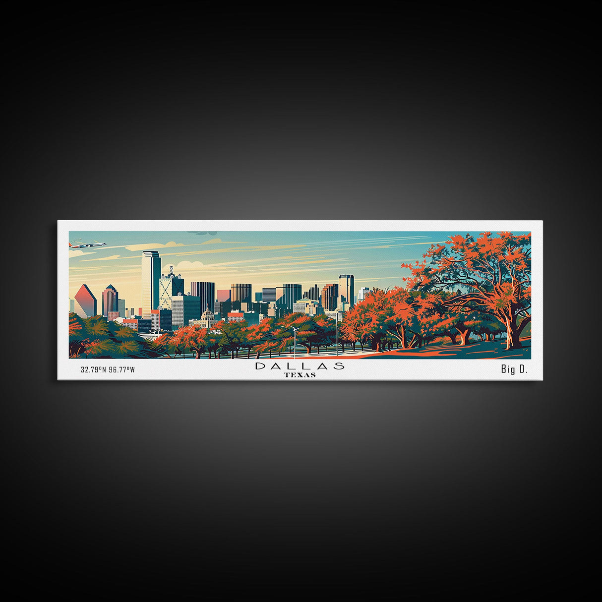 Dallas Texas Panoramic Painting, Framed Canvas Print, Mid Century Modern Wall Art, Retro Pop Art Travel Poster, Home Decor, City Art