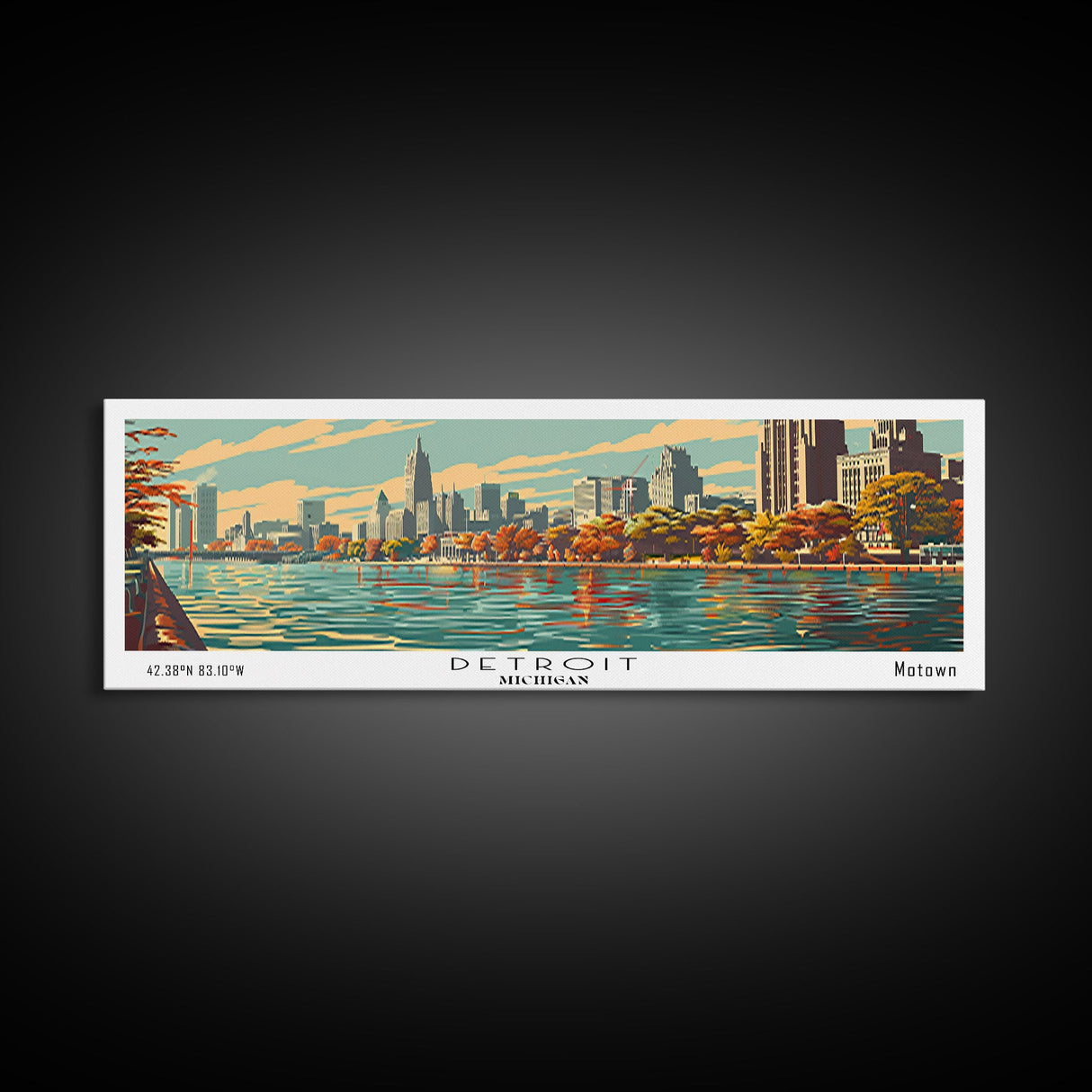 Detroit Michigan Panoramic Painting, Framed Canvas Print, Mid Century Modern Wall Art, Retro Pop Art Travel Poster, Office Decor, City Art