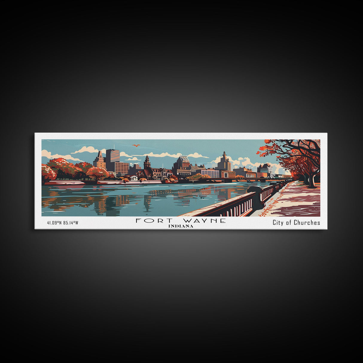 Fort Wayne Indiana Panoramic Painting, Framed Canvas Print, Mid Century Modern Wall Art, Retro Pop Art Travel Poster, Office Decor, City Art