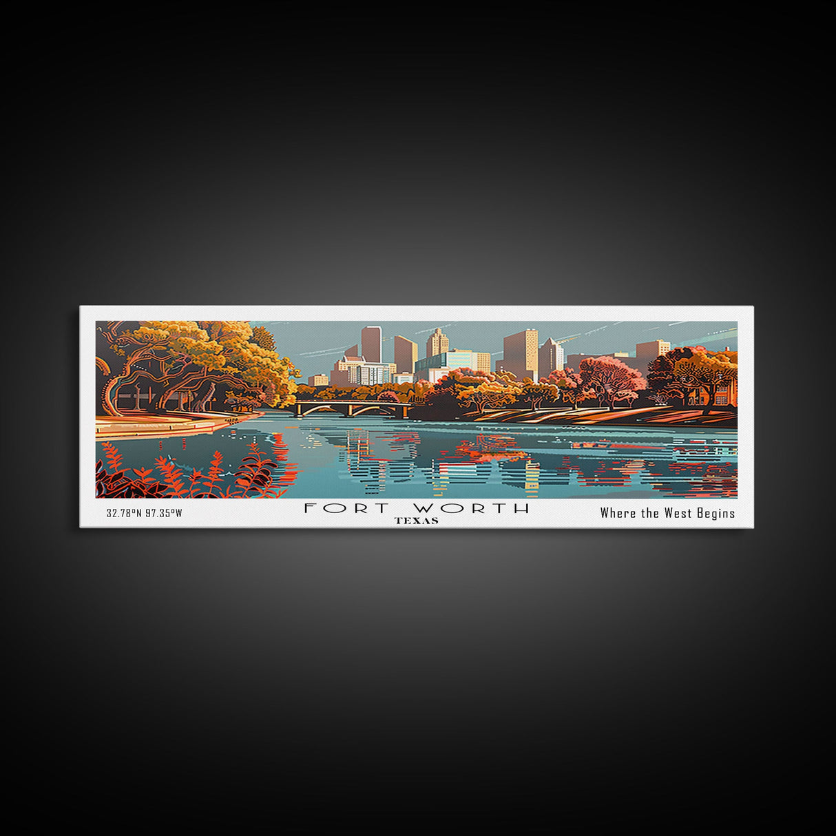 Fort Worth Texas Panoramic Painting, Framed Canvas Print, Mid Century Modern Wall Art, Retro Pop Art Travel Poster, Home Decor, City Art