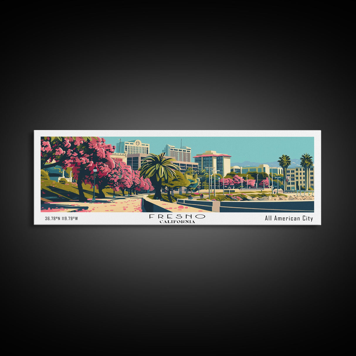 Fresno California Panoramic Painting, Framed Canvas Print, Mid Century Modern Wall Art, Retro Pop Art Travel Poster, Living Room Decor, City Art