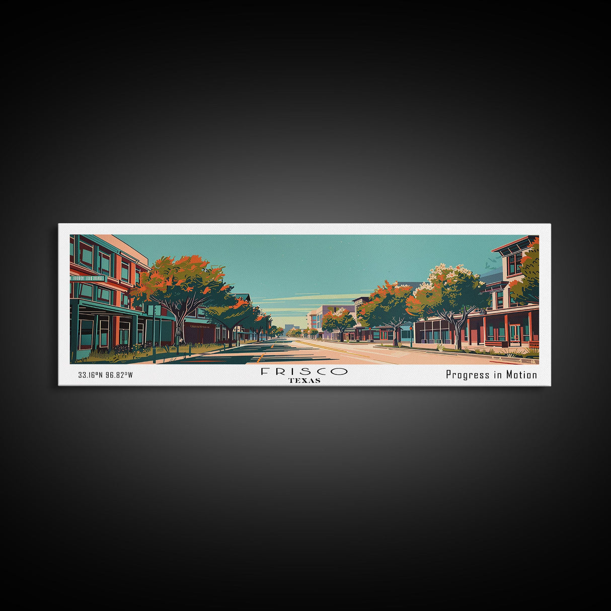 Frisco Texas Panoramic Painting, Framed Canvas Print, Mid Century Modern Wall Art, Retro Pop Art Travel Poster, Home Decor, City Art