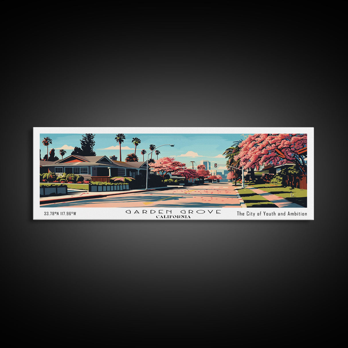 Garden Grove California Panoramic Painting, Framed Canvas Print, Mid Century Modern Wall Art, Retro Pop Art Travel Poster, Living Room Decor, City Art